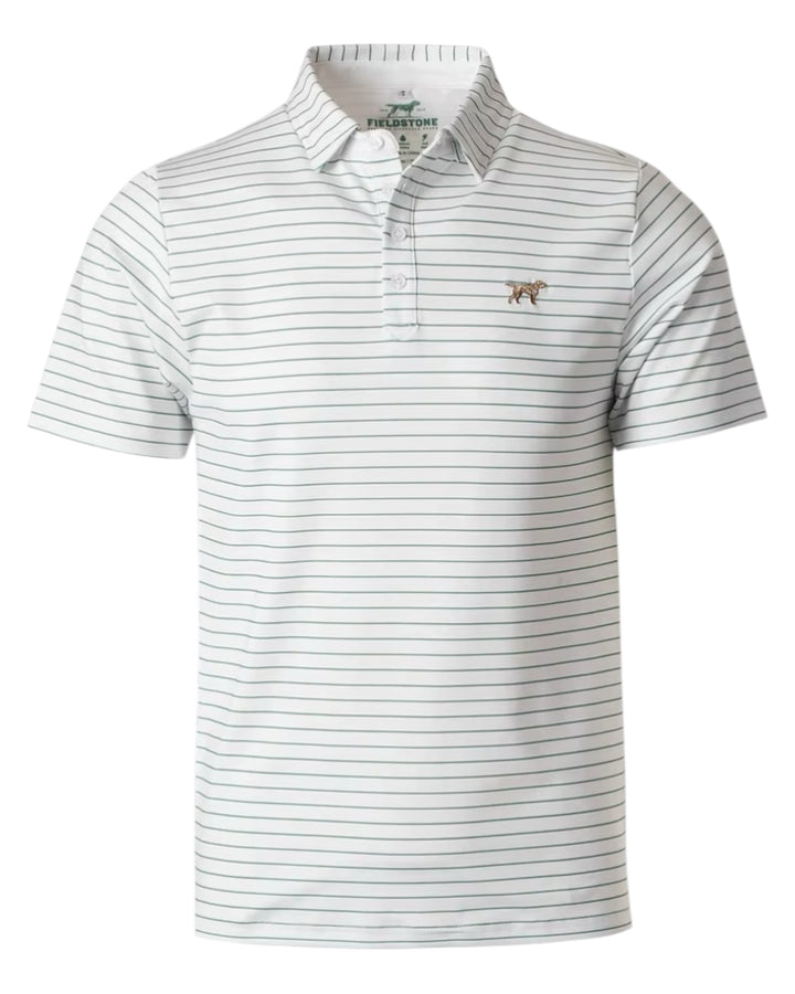White and gray striped polo shirt with a small logo on a white background