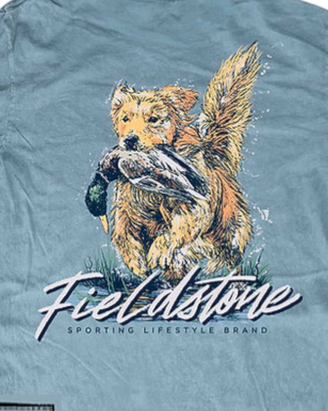 T-shirt with a graphic of a fox holding a duck and 'Fieldstone' branding on a blue background