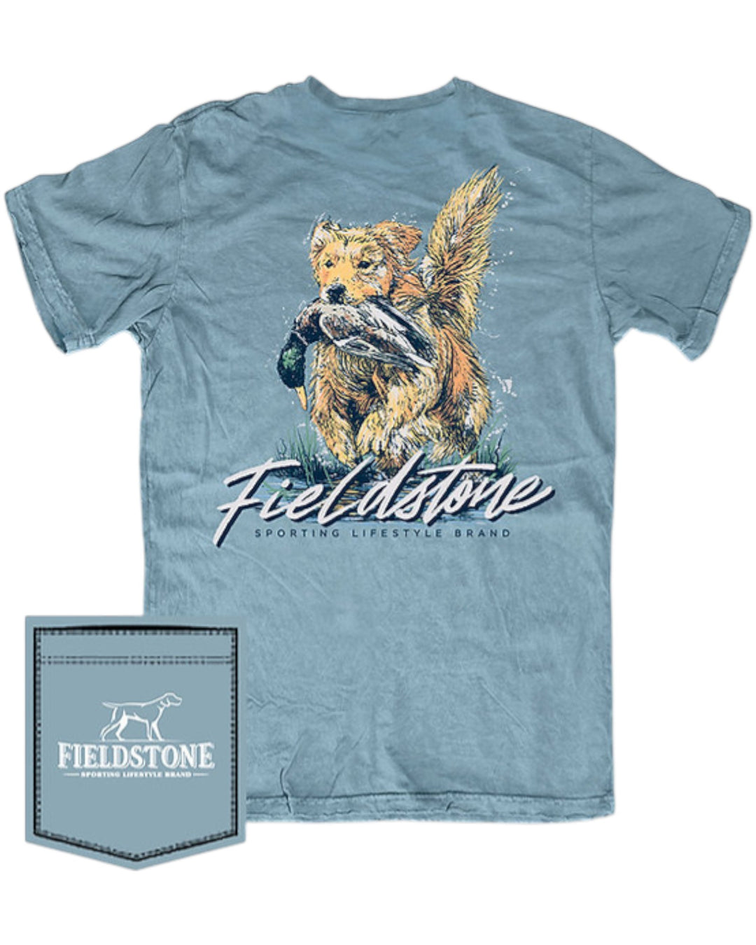 Blue t-shirt with a graphic of a fox holding a duck and 'Fieldstone' branding on a white background.
