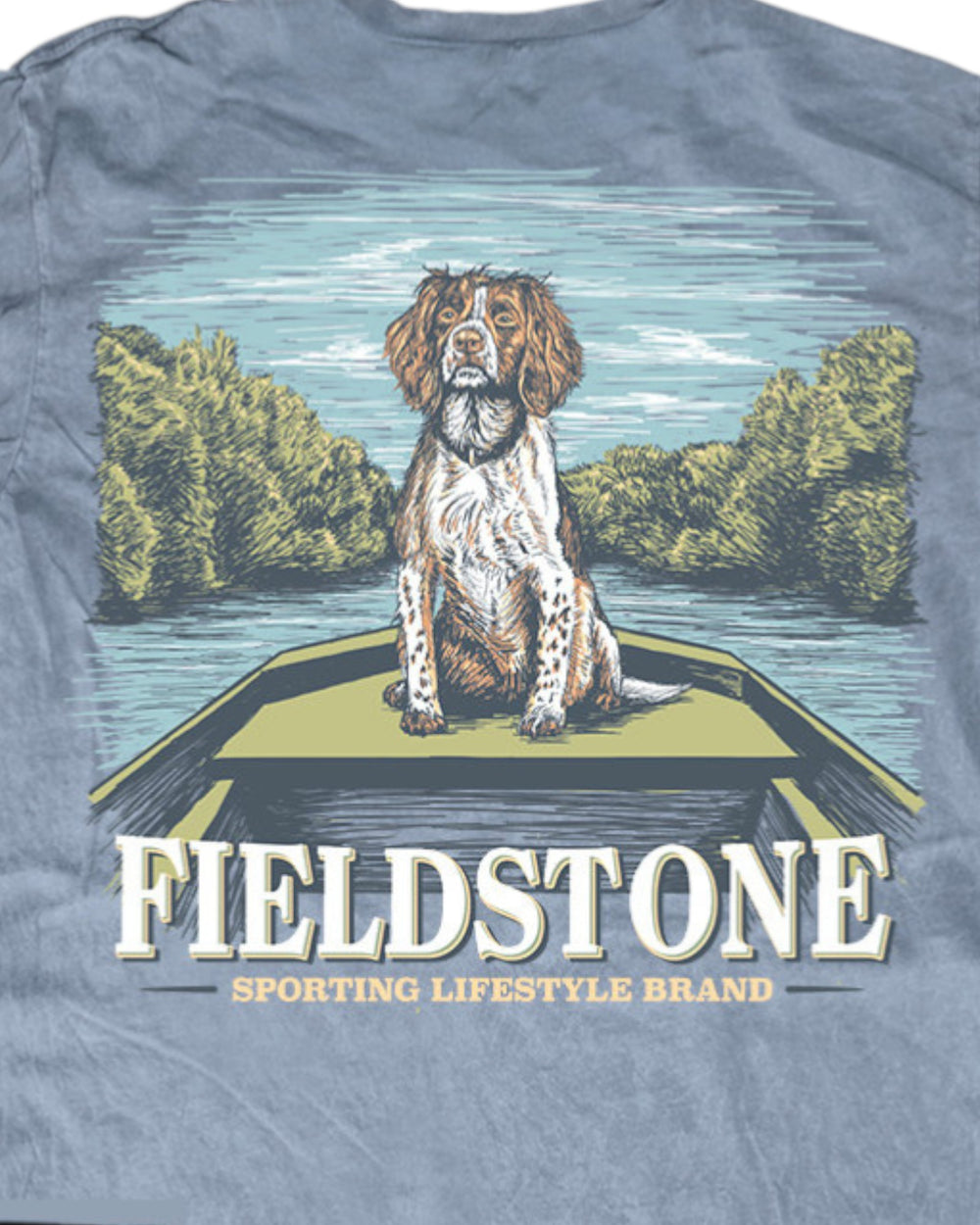 T-shirt with a dog on a boat graphic and 'Fieldstone Sporting Lifestyle Brand' text.