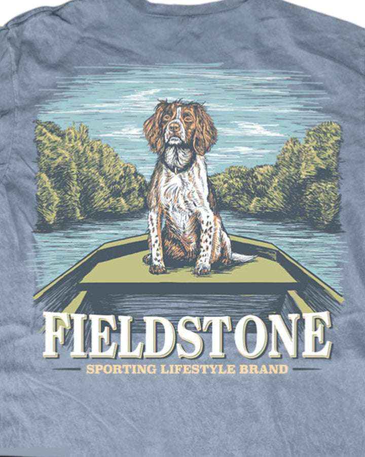 T-shirt with a dog on a boat graphic and 'Fieldstone Sporting Lifestyle Brand' text.