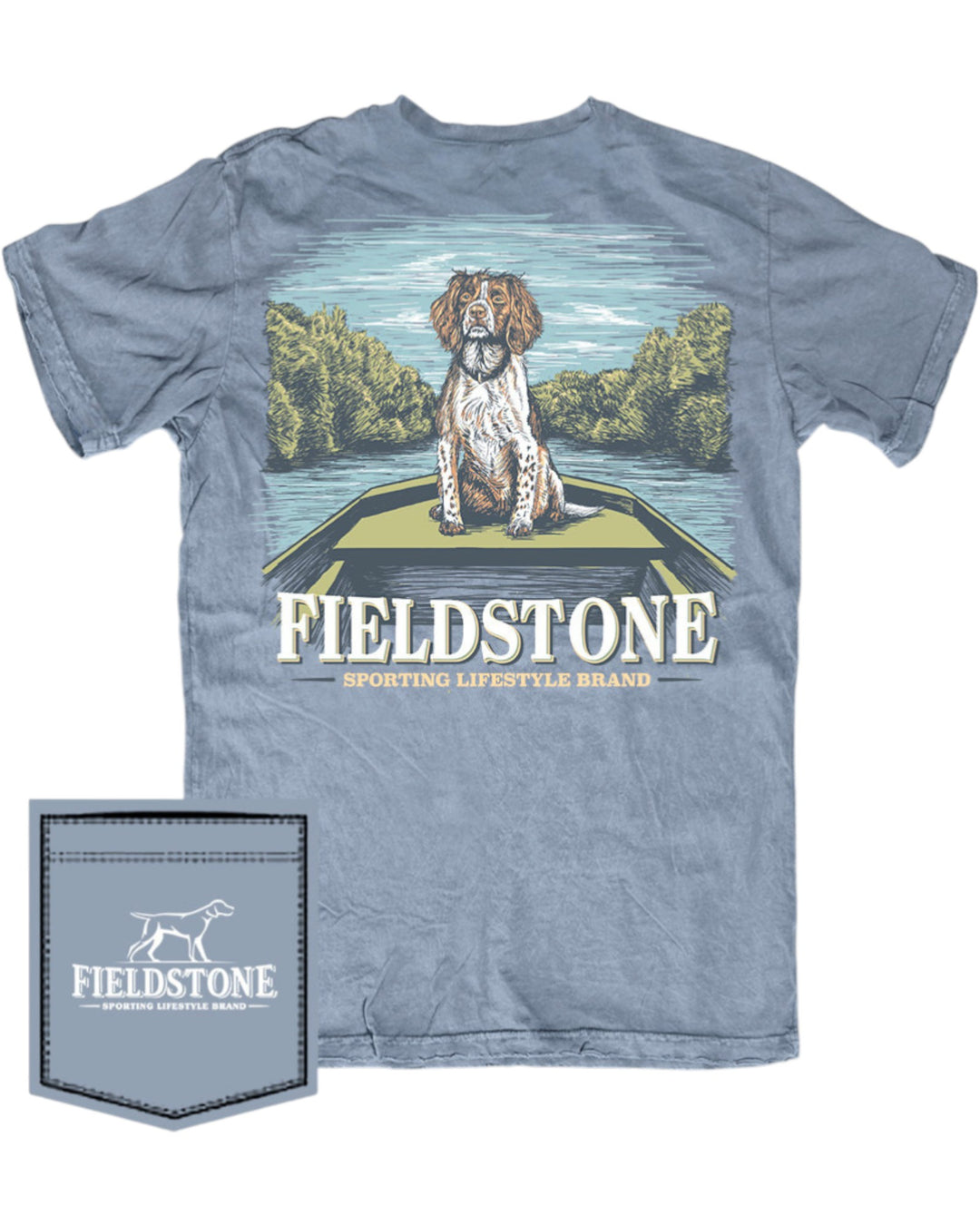 Blue t-shirt with a dog graphic and 'Fieldstone' branding on a white background