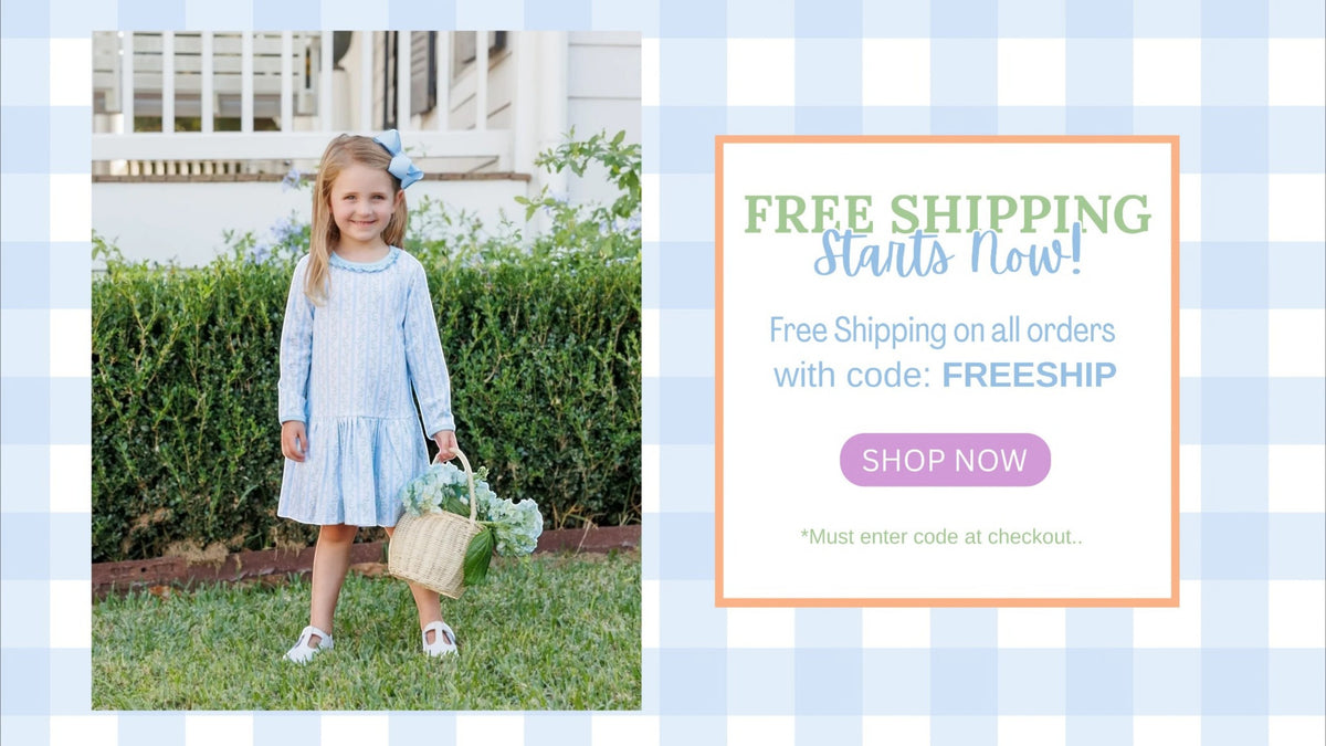 A promotional banner featuring a young girl in a light blue and white striped dress holding a basket on a lawn, alongside a text box advertising free shipping with the code FREESHIP.