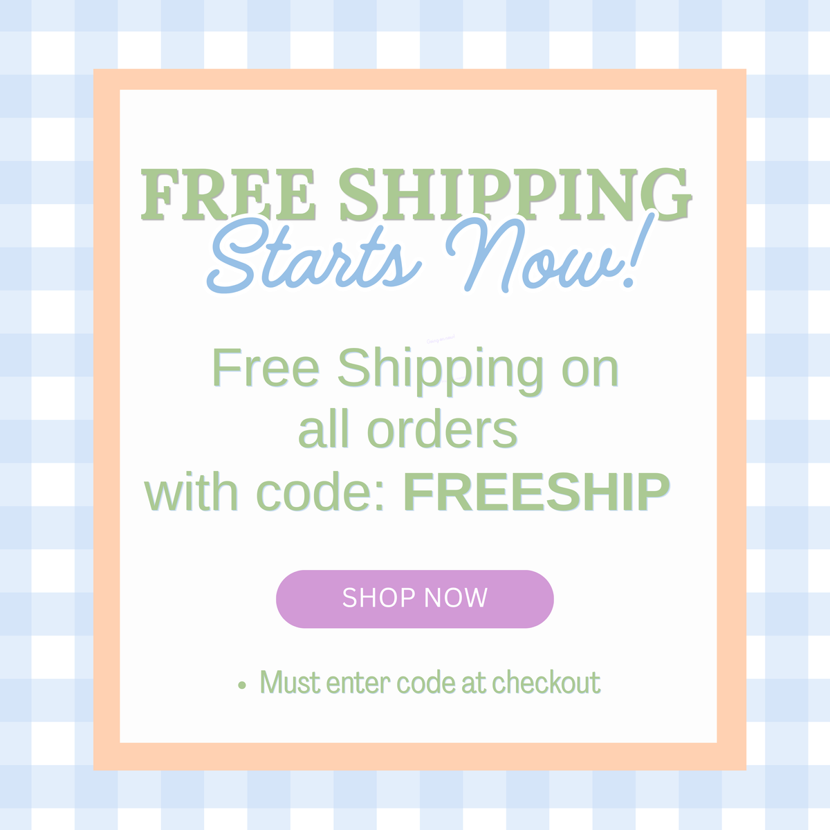 Promotional graphic with a peach border and pale blue-and-white gingham background. Text reads: 'FREE SHIPPING Starts Now! Free Shipping on all orders with code: FREESHIP' and a purple 'SHOP NOW' button.