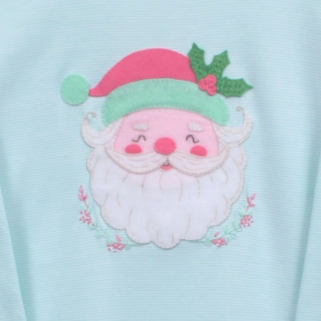 That Store girls mint stripe dress featuring a festive Santa felt appliqué with holly detail.