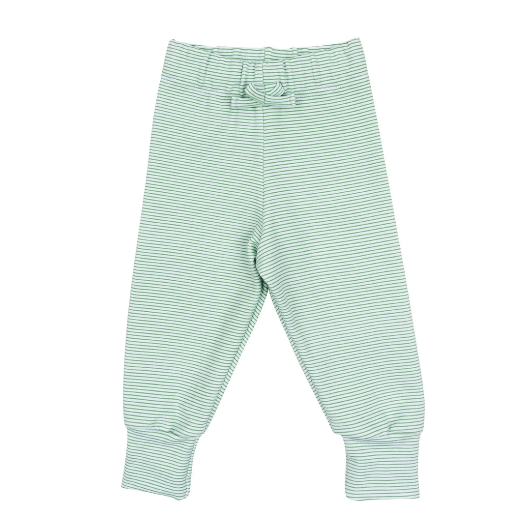 That Store baby joggers in green and white micro-stripe Peruvian Pima cotton with an elastic waistband and cuffed hems.