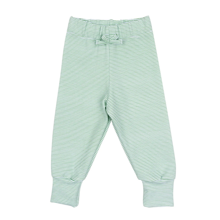 That Store baby joggers in green and white micro-stripe Peruvian Pima cotton with an elastic waistband and cuffed hems.