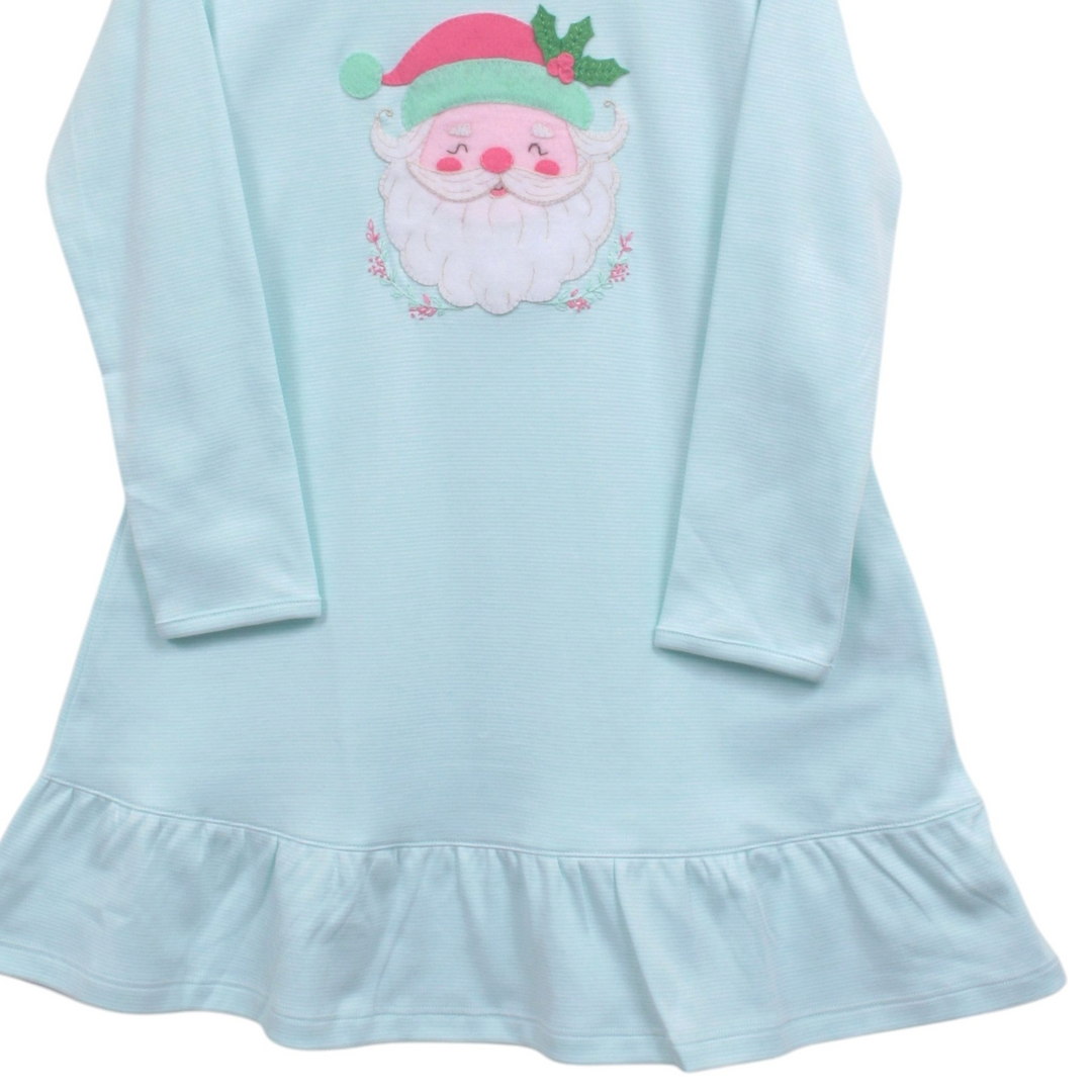 That Store girls mint stripe Pima cotton dress featuring a festive Santa felt appliqué and a ruffled hem.