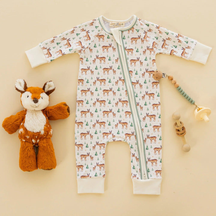 Luna &amp; Arlo ivory Pima cotton playsuit with woodland deer print, moss green trim, and full-length zip closure.