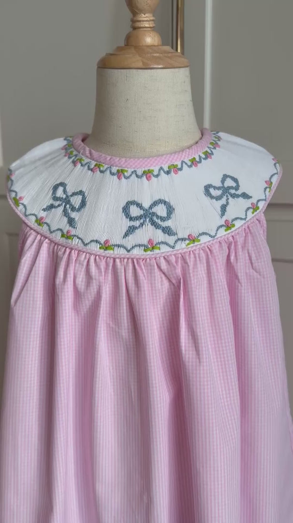 Smocked Bow Pink Check Sleeveless Yoke Dress, that store