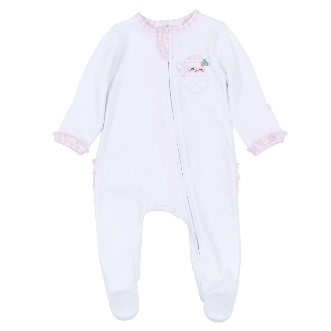 Sweet St Nick Applique Ruffle Zip Footie - Pink