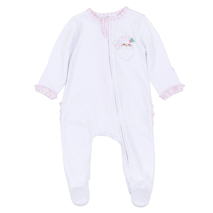 Sweet St Nick Applique Ruffle Zip Footie - Pink