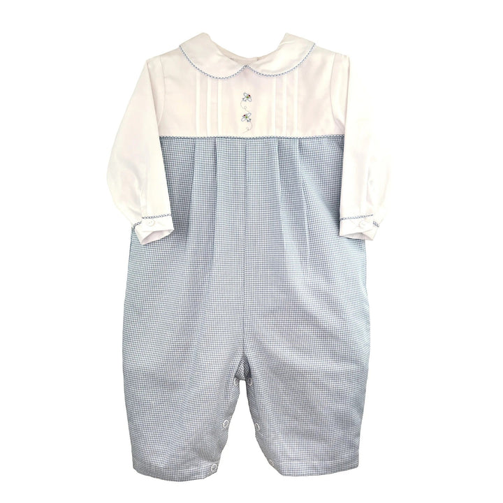 That Store boys longall in blue mini check with white top, peter pan collar, and airplane embroidery detail.
