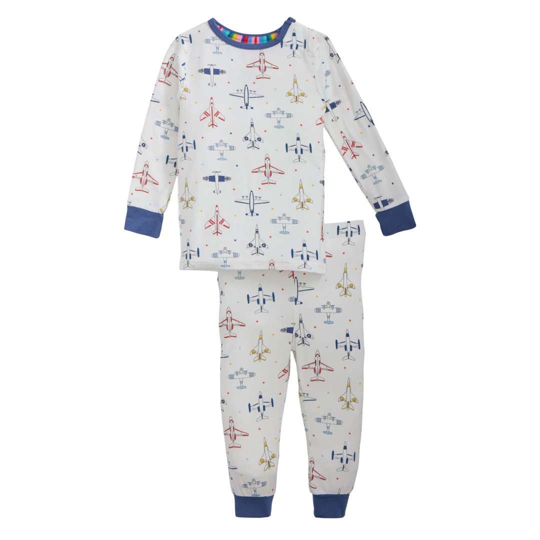 That Store modal magnetic pajama set for kids featuring a white long-sleeve top and pants with colorful airplane print
