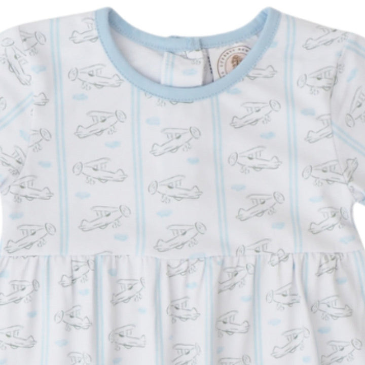 That Store boys playsuit in white and blue featuring a cute airplane pattern and soft breathable fabric