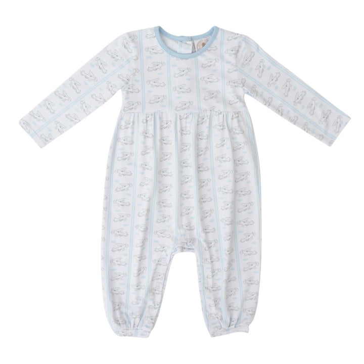 That Store Take Flight boys playsuit in white with blue airplane print and soft long sleeves for comfortable play.
