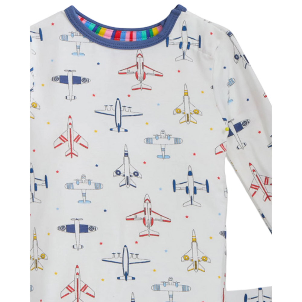 That Store long-sleeve modal pajama top in white with a colorful airplane print and blue trim