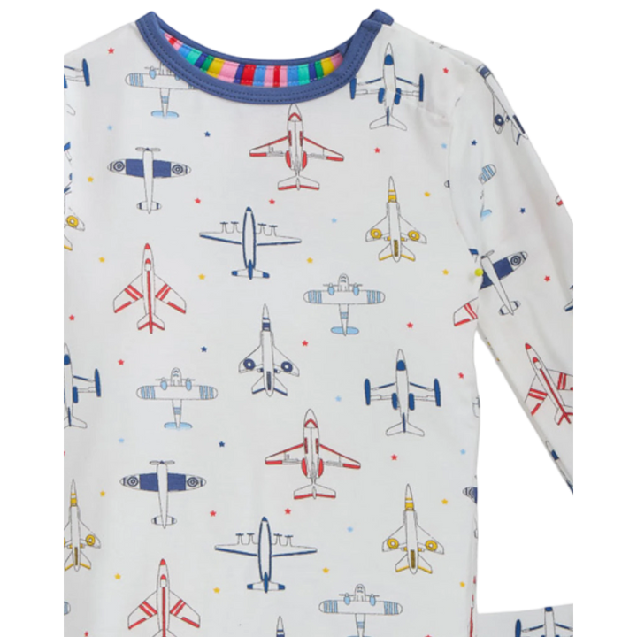 That Store long-sleeve modal pajama top in white with a colorful airplane print and blue trim