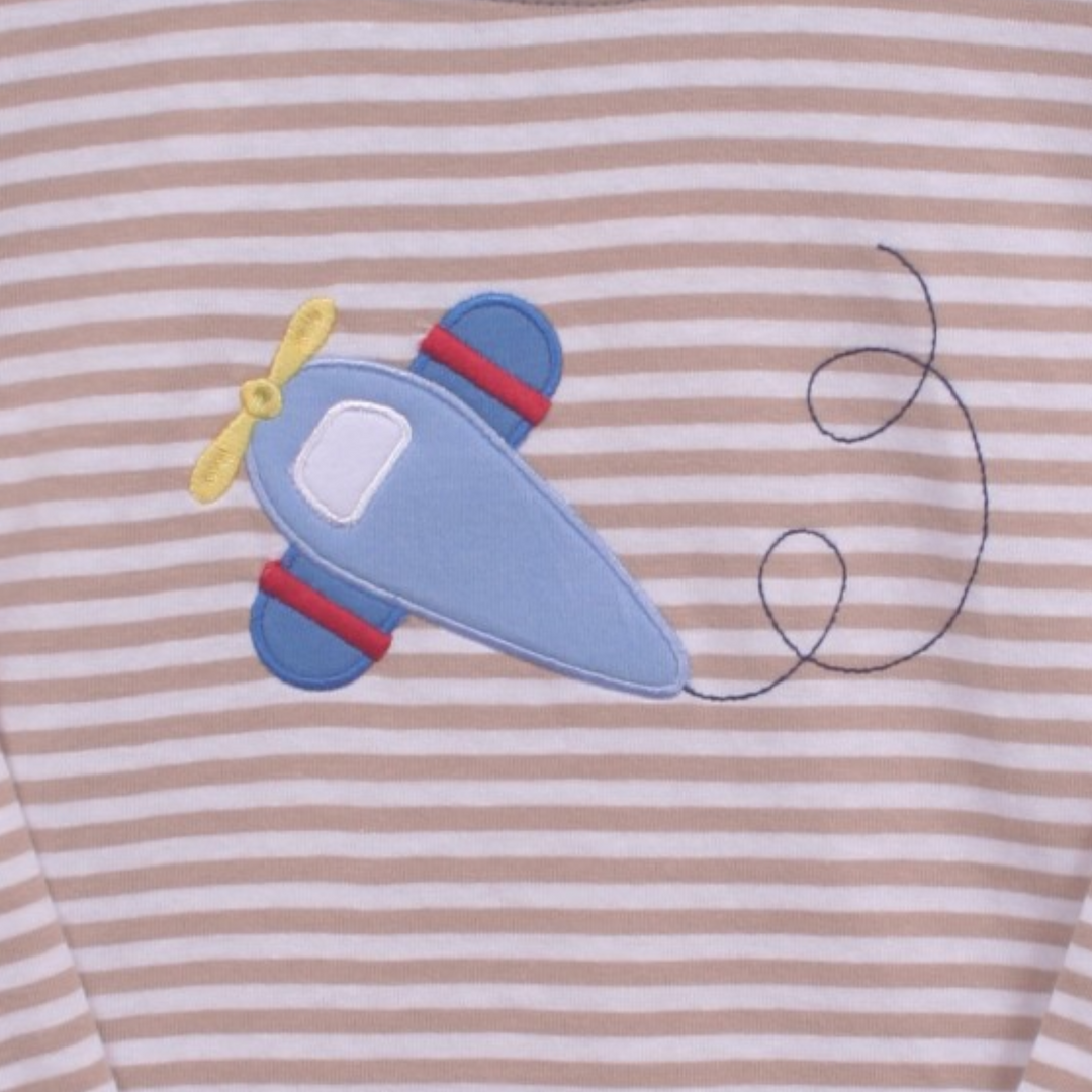 That Store boys cotton tee featuring a blue airplane applique on a brown and white horizontal striped background.