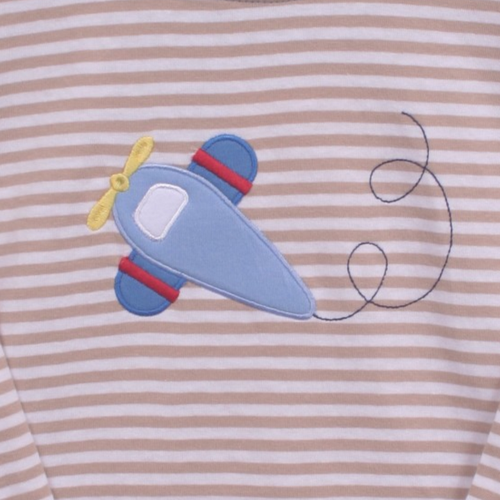 That Store boys cotton tee featuring a blue airplane applique on a brown and white horizontal striped background.