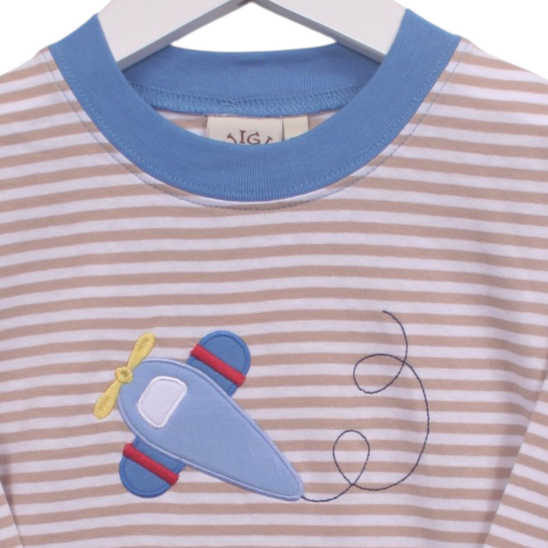 That Store boys cotton tee featuring a brown stripe pattern and a blue airplane applique with a yellow propeller.