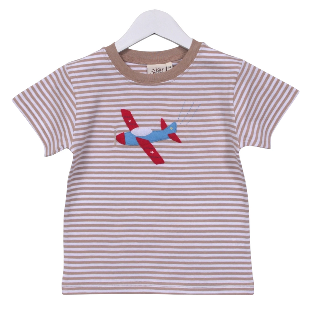 That Store cotton t-shirt with beige and white stripes and a colorful felt airplane appliqué on the front