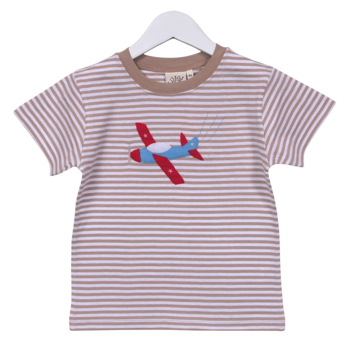 That Store cotton t-shirt with beige and white stripes and a colorful felt airplane appliqué on the front