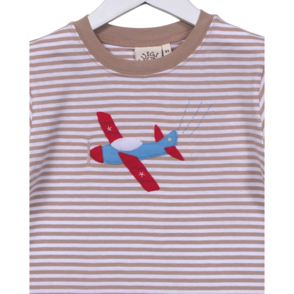 That Store cotton t-shirt with a beige and white stripe pattern and a colorful felt airplane appliqué design.