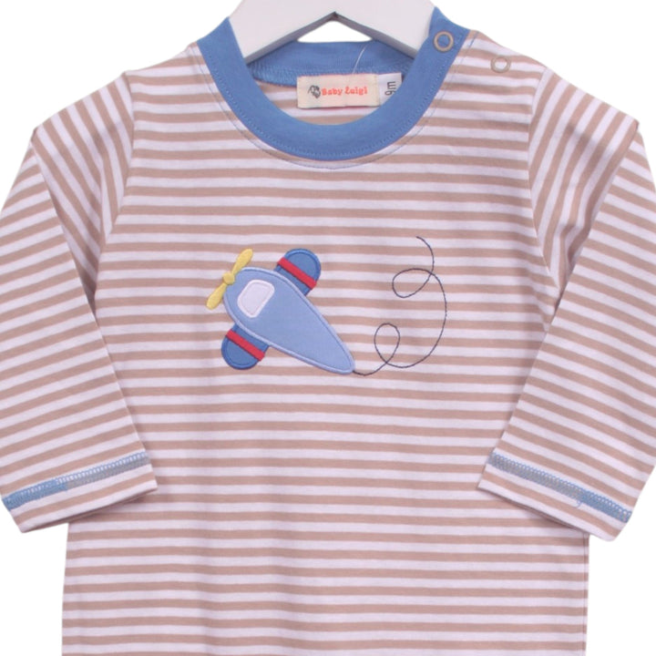 That Store boys brown stripe cotton romper with a blue airplane applique and contrast blue neckline