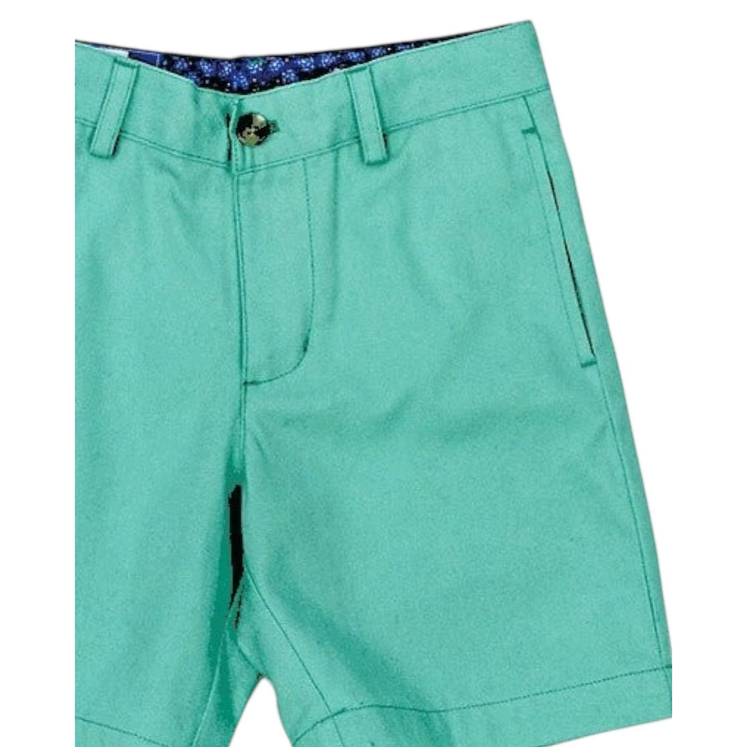 That Store J Bailey aloe green twill shorts featuring an adjustable waist tab and a patterned interior waistband.