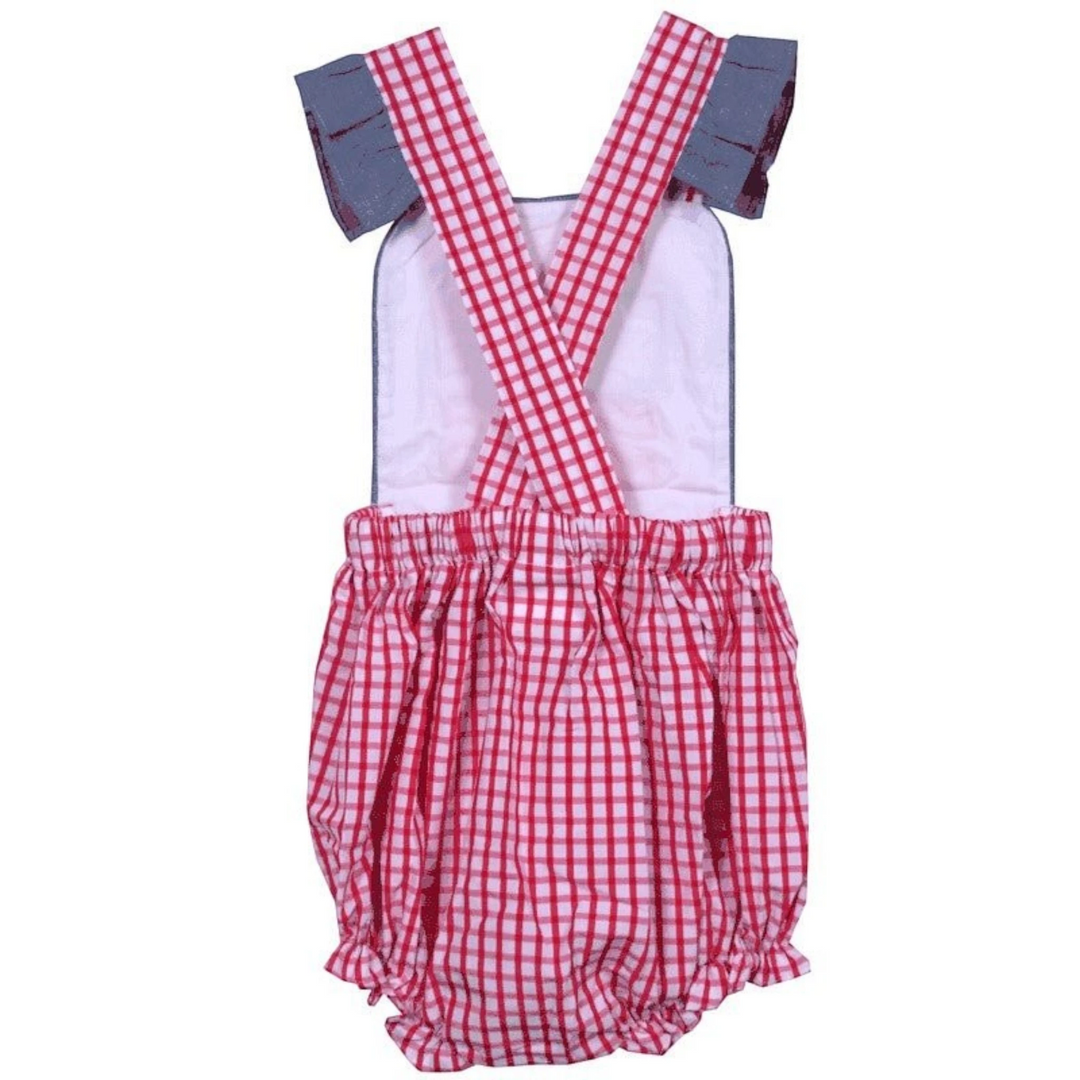 That Store girls American flag bubble with red windowpane straps and chambray ruffles for Fourth of July