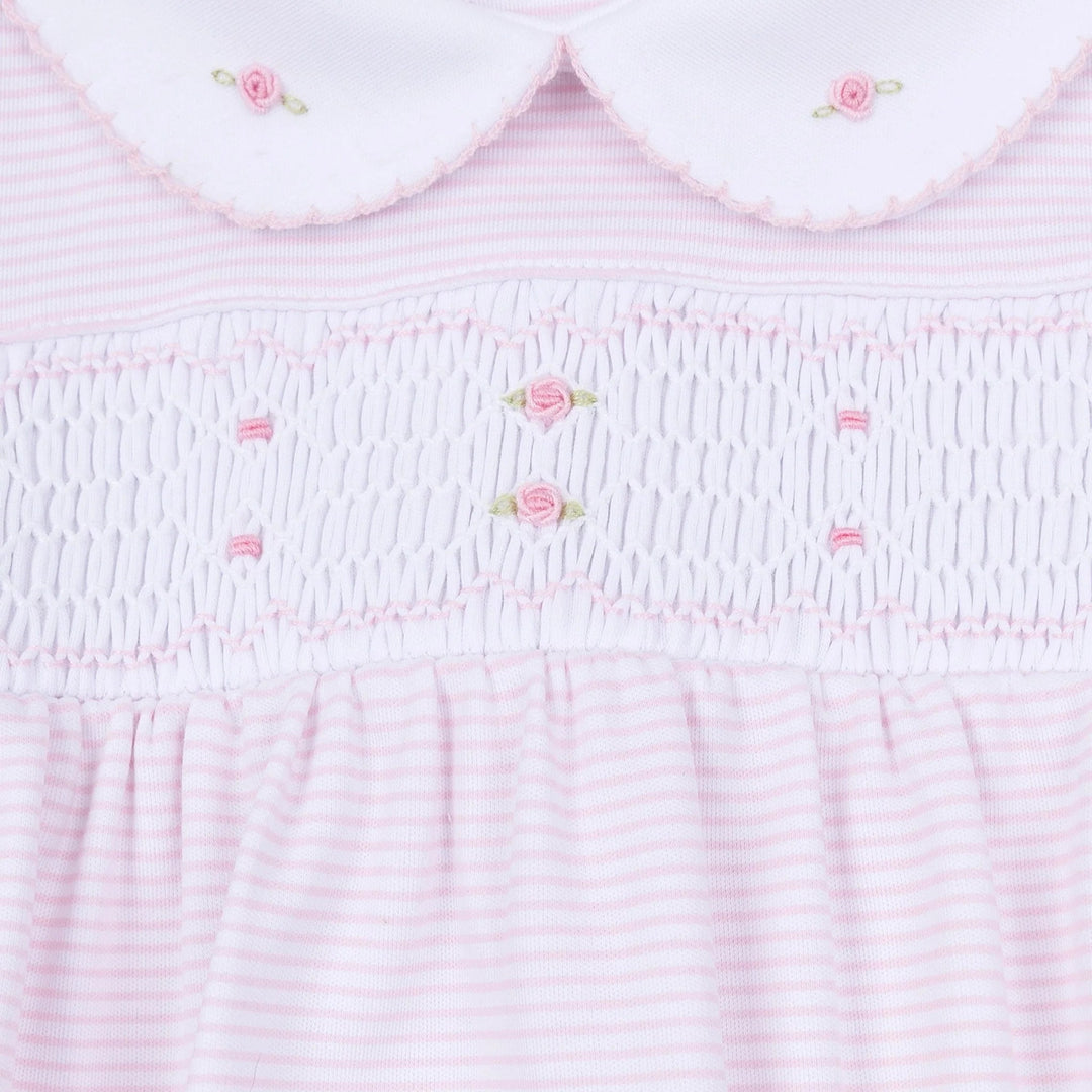 That Store Anna Smocked Gown in pink micro-stripe Pima cotton with hand-smocked bodice and embroidered rosebuds.