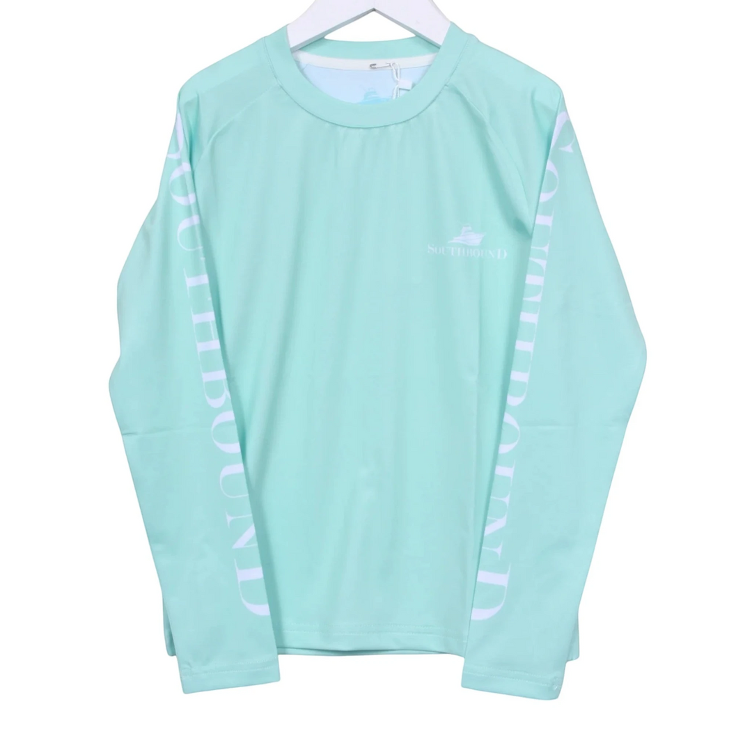 That Store boys aqua long sleeve performance swim tee with white logo and sleeve text on a white hanger
