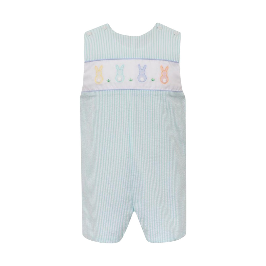 That Store aqua seersucker stripe jon with shadow-stitched bunny embroidery and cotton tails for baby boys