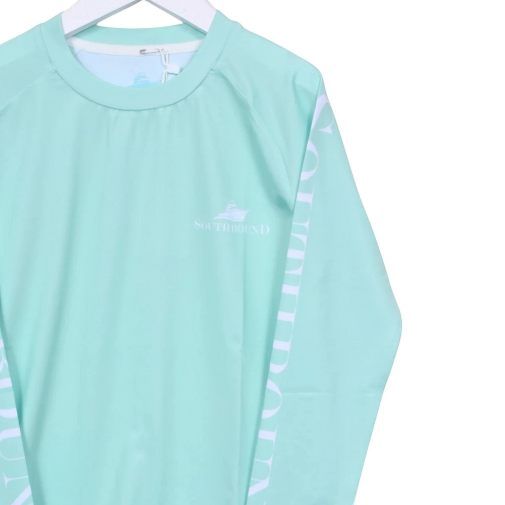 That Store Aqua Slash long sleeve boys performance swim tee in light mint green with white logo and sleeve text