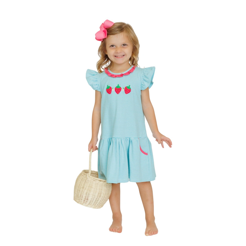 That Store girl's aqua striped cotton dress with strawberry embroidery, ruffle sleeves, and pink trim.