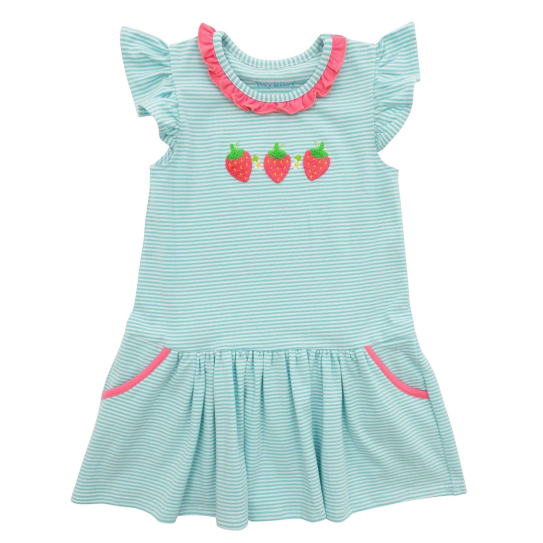 That Store girls' aqua striped cotton dress with strawberry embroidery, ruffled collar, and pink pocket accents.