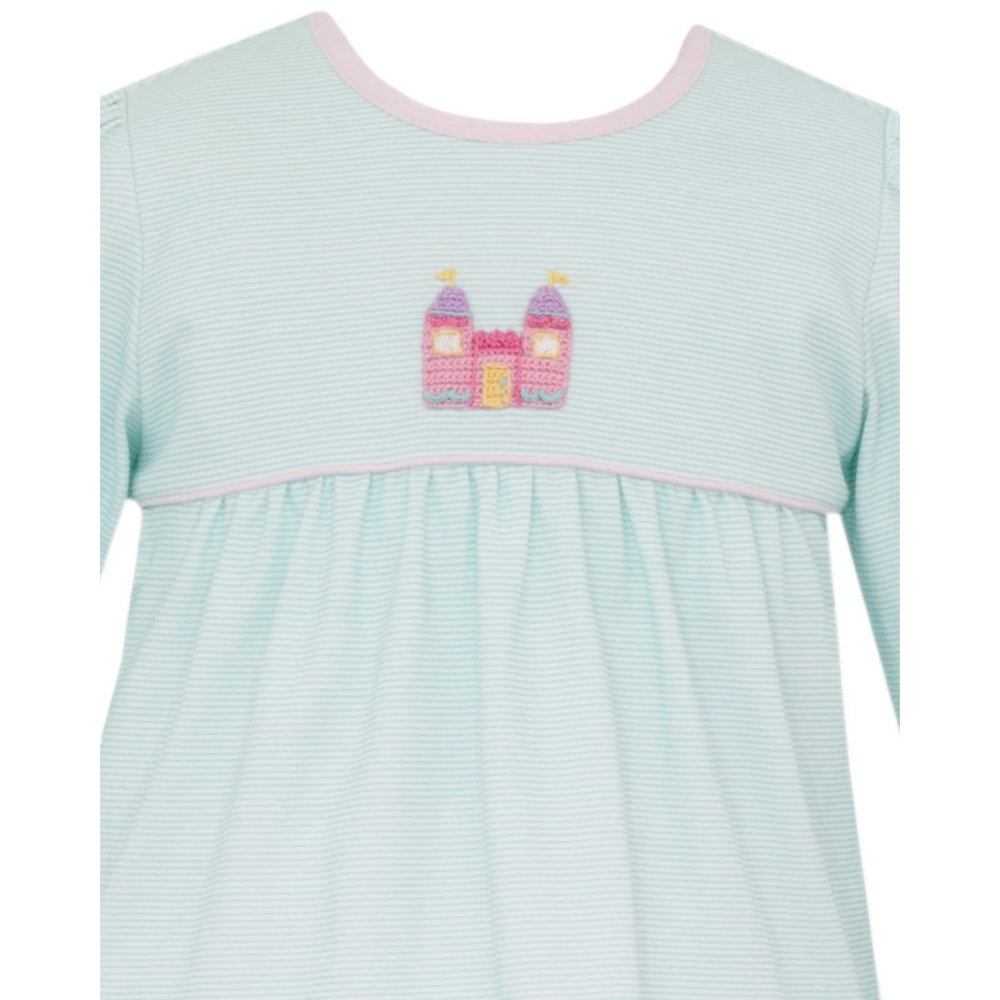 That Store girls aqua stripe knit tunic featuring a pink crocheted princess castle detail and soft pastel trim.