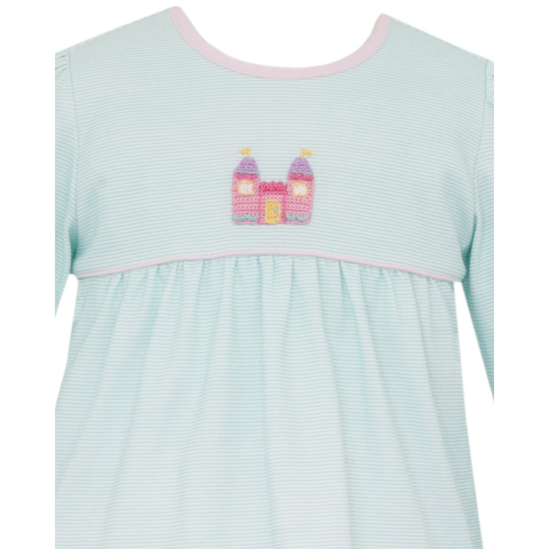 That Store girls aqua stripe knit tunic featuring a pink crocheted princess castle detail and soft pastel trim.