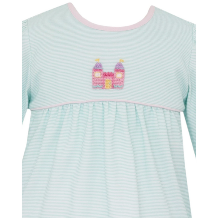 That Store girls aqua stripe knit tunic featuring a pink crocheted princess castle detail and soft pastel trim.
