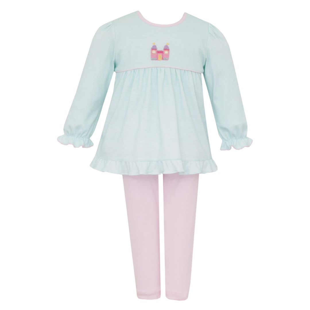 That Store aqua stripe knit tunic set with a pink crochet castle detail and matching light pink leggings for girls.