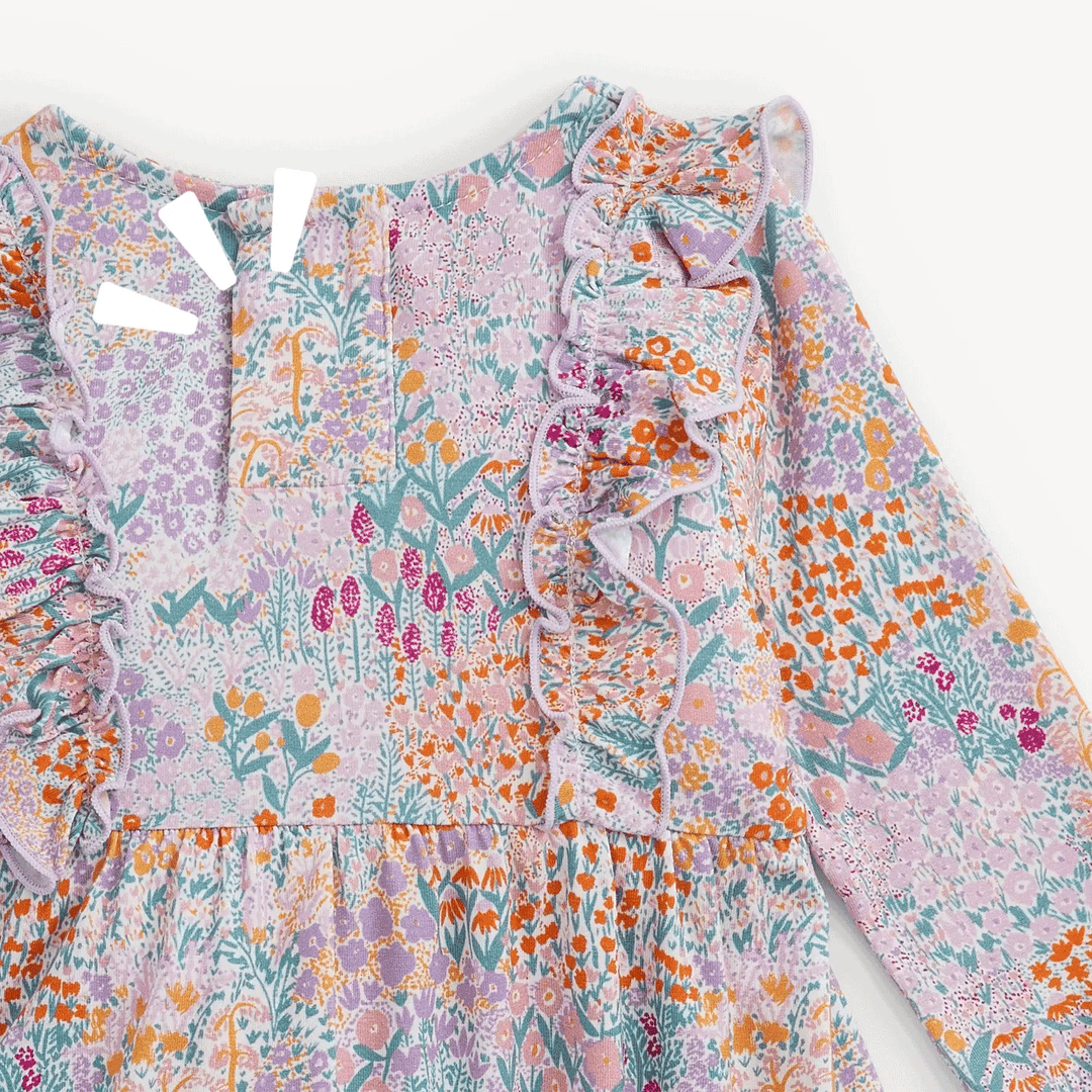 That Store Arabella floral print modal dress with ruffled shoulders and hidden magnetic closure detail