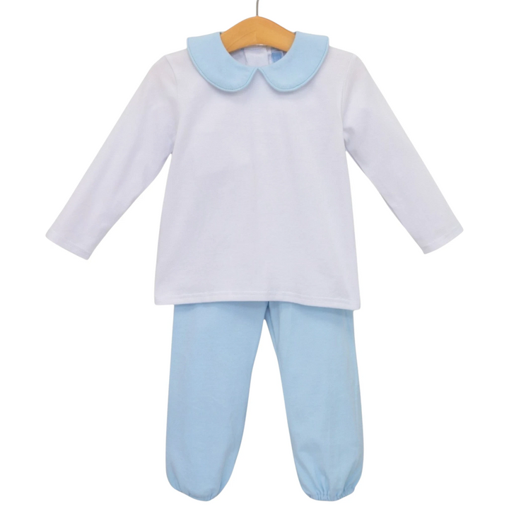 That Store Archie boys bloomer pant set in white and light blue cotton blend with a classic Peter Pan collar.
