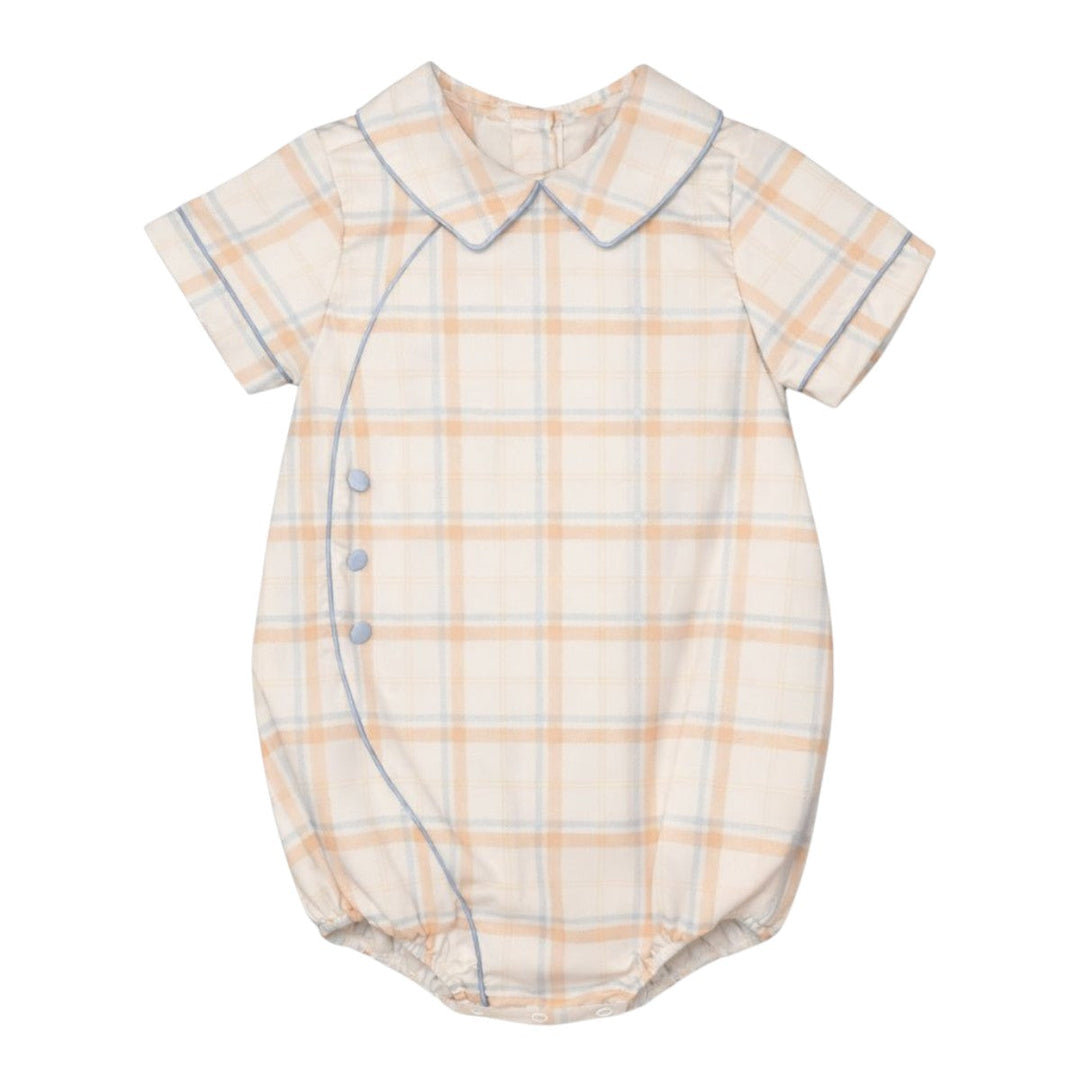 That Store boys button bubble in brown Aspen plaid with a classic collar and side button detail for fall outfits.