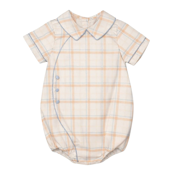 That Store boys button bubble in brown Aspen plaid with a classic collar and side button detail for fall outfits.