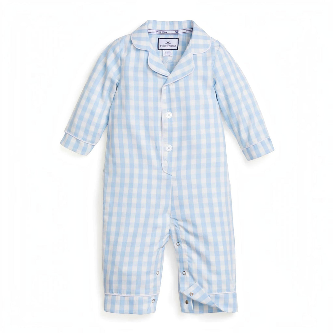 That Store baby romper in light blue gingham cotton twill with a classic collar and button-down front.