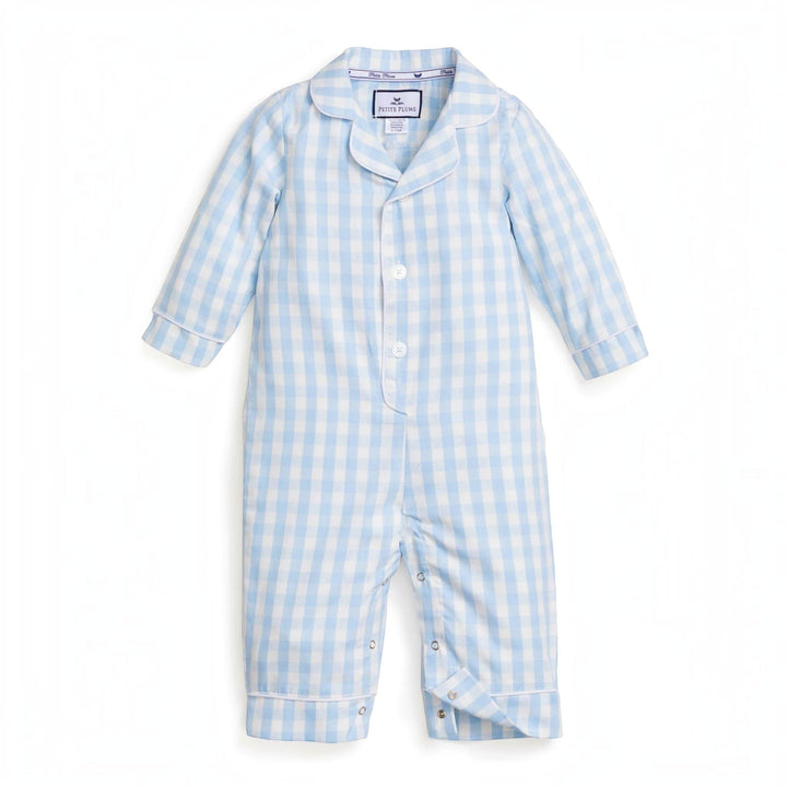 That Store baby romper in light blue gingham cotton twill with a classic collar and button-down front.