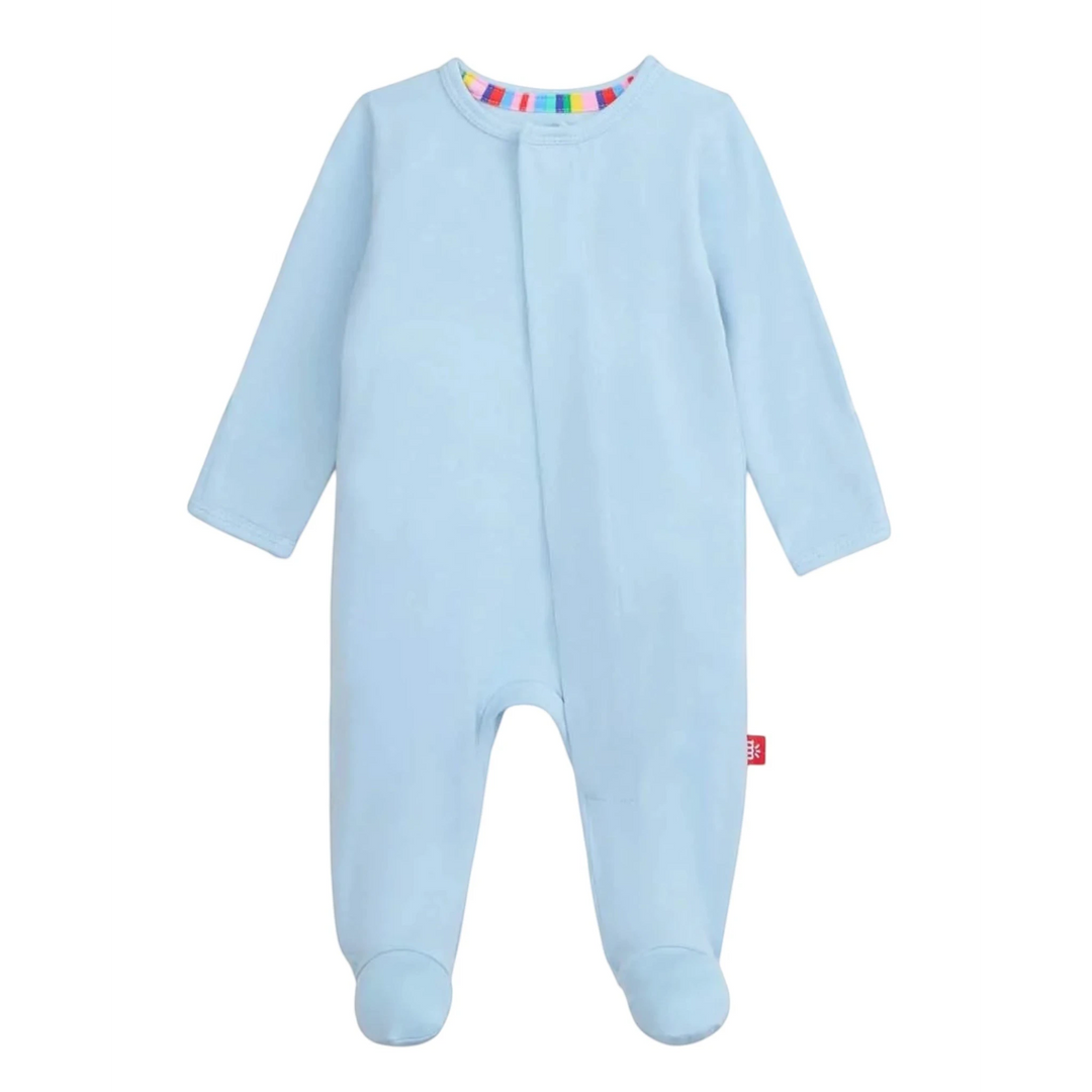 That Store baby blue modal magnetic footie sleeper with a colorful striped neckline and easy-access magnetic closure.