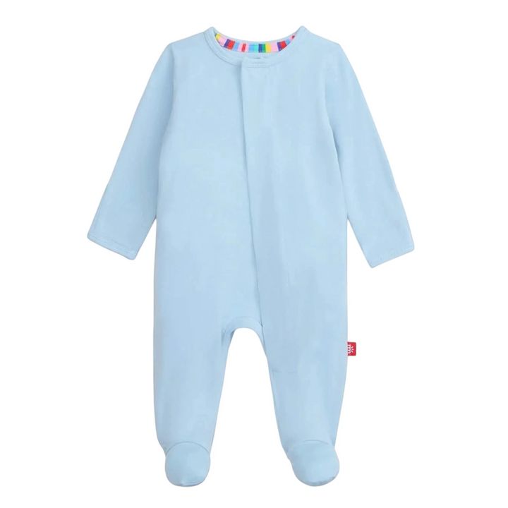 That Store baby blue modal magnetic footie sleeper with a colorful striped neckline and easy-access magnetic closure.