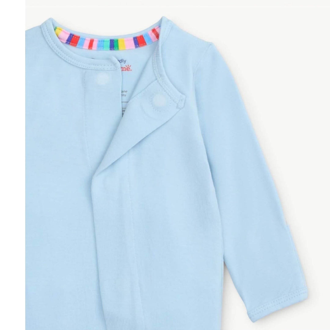 That Store baby blue modal footie sleeper featuring magnetic closures and a colorful striped inner neckline trim.